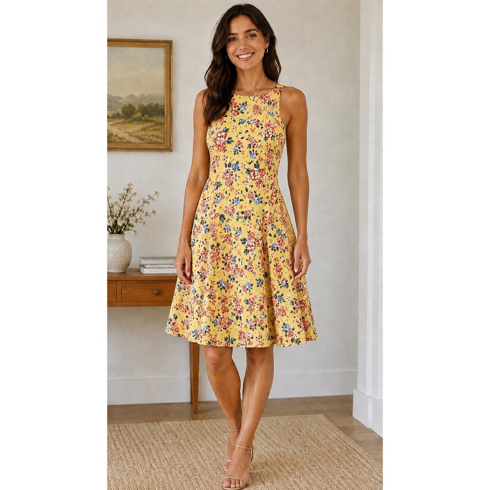 Copper Key Yellow Floral Halter Fit and Flare Dress Sleeveless Size XL